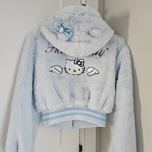 BNWT Sanrio Forever21 Collab Blue Faux Fur Angel Hello Kitty Zip-Up Hoodie Small